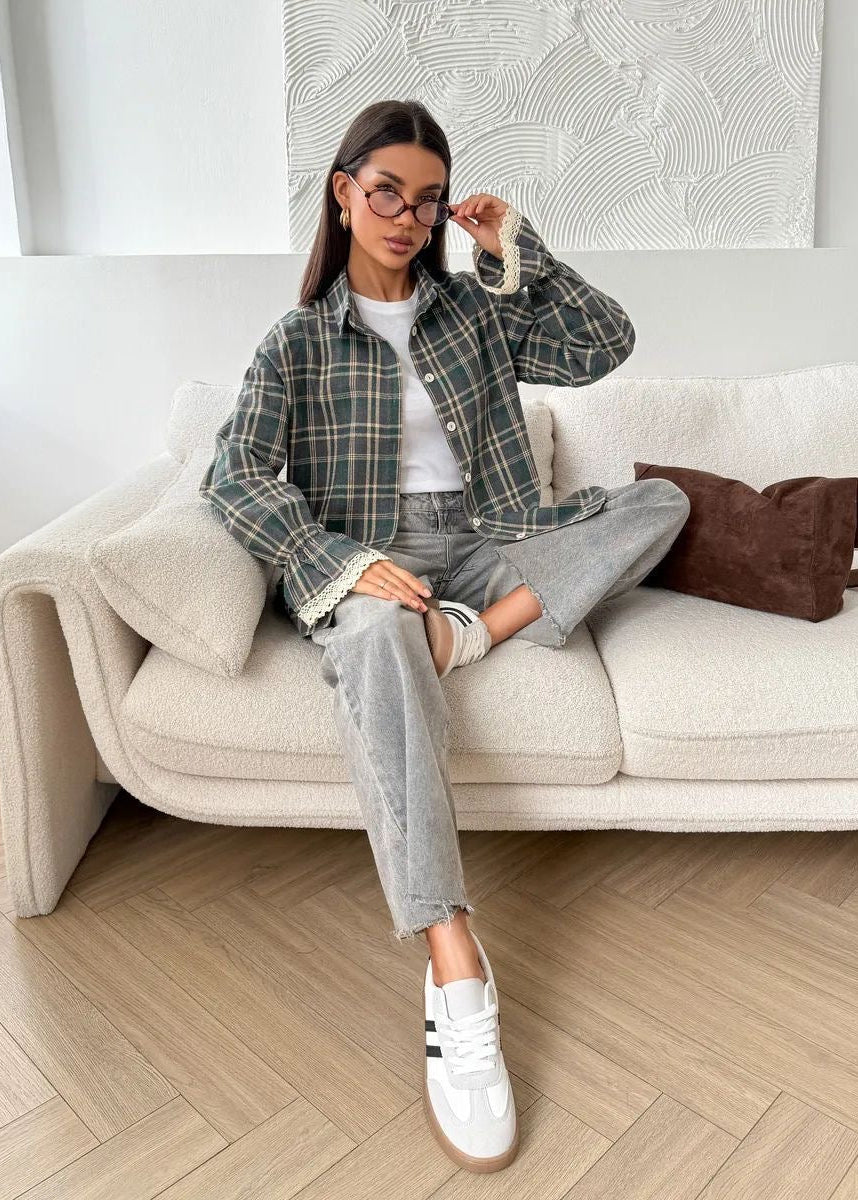 Green Plaid Button-Up Shirt with Lace-Trim Cuffs and Long Sleeves
