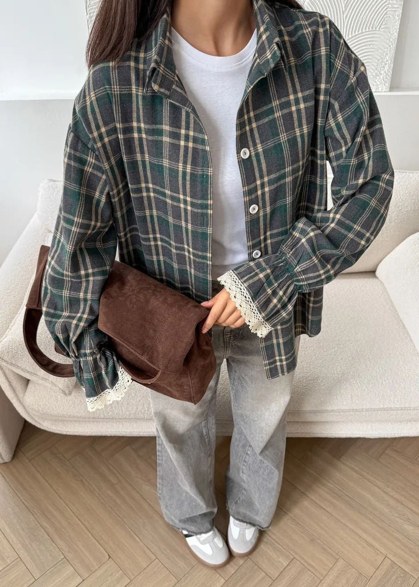 Green Plaid Button-Up Shirt with Lace-Trim Cuffs and Long Sleeves