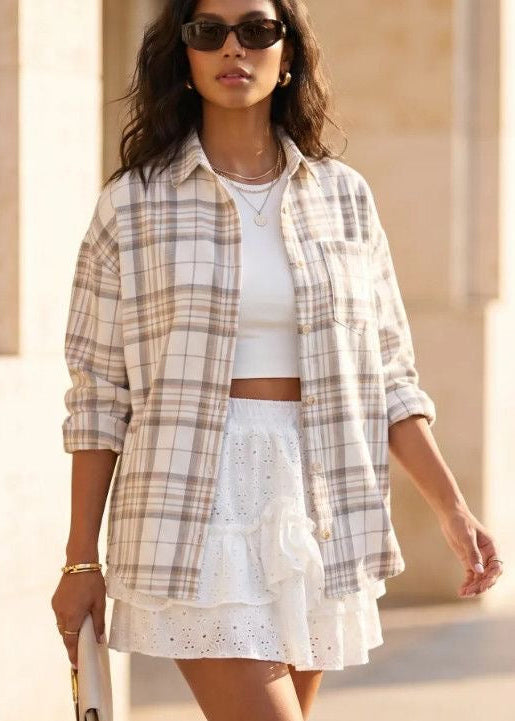 Beige Plaid Button-Up Shirt with Chest Pocket and Relaxed Fit