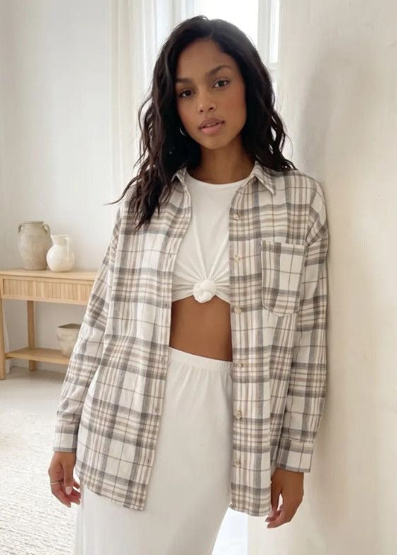 Beige Plaid Button-Up Shirt with Chest Pocket and Relaxed Fit