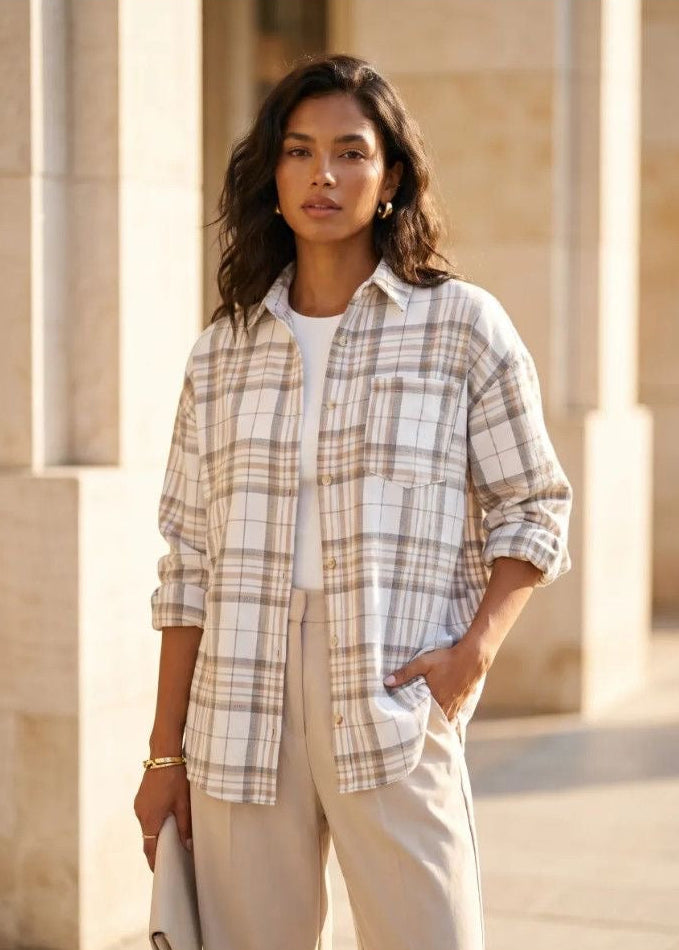 Beige Plaid Button-Up Shirt with Chest Pocket and Relaxed Fit