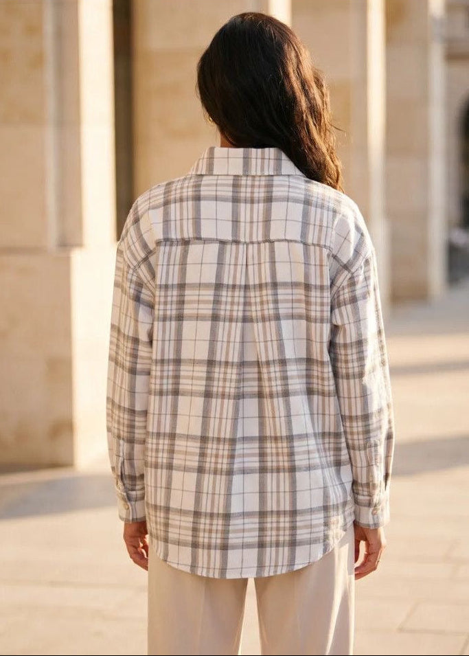 Beige Plaid Button-Up Shirt with Chest Pocket and Relaxed Fit