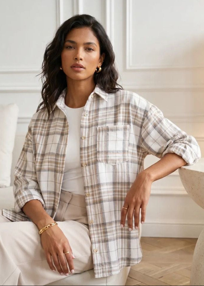 Beige Plaid Button-Up Shirt with Chest Pocket and Relaxed Fit