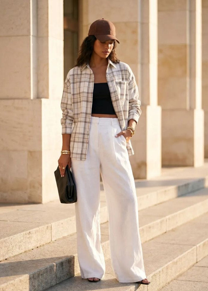 Beige Plaid Button-Up Shirt with Chest Pocket and Relaxed Fit