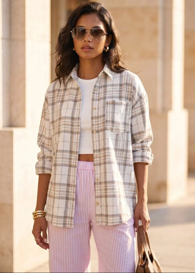Beige Plaid Button-Up Shirt with Chest Pocket and Relaxed Fit