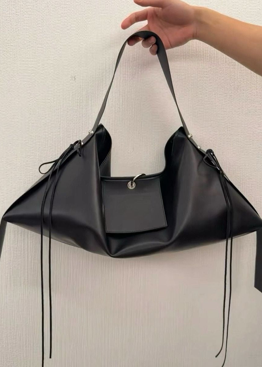 Oversized Black Leather-Look Shoulder Bag with Wide Straps and Tie Details