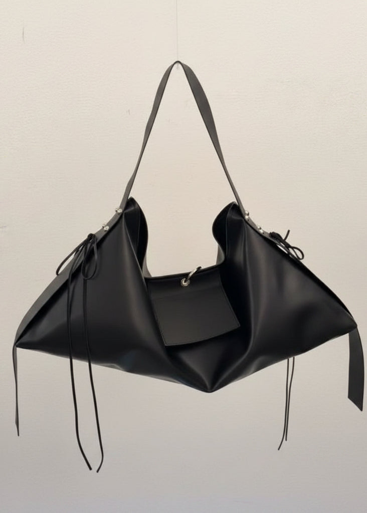 Oversized Black Leather-Look Shoulder Bag with Wide Straps and Tie Details