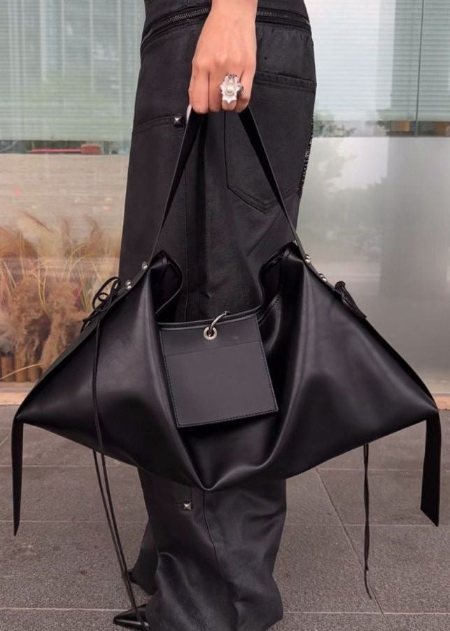 Oversized Black Leather-Look Shoulder Bag with Wide Straps and Tie Details