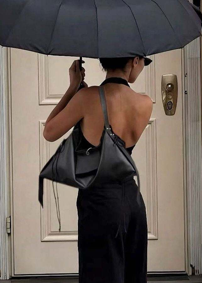 Oversized Black Leather-Look Shoulder Bag with Wide Straps and Tie Details