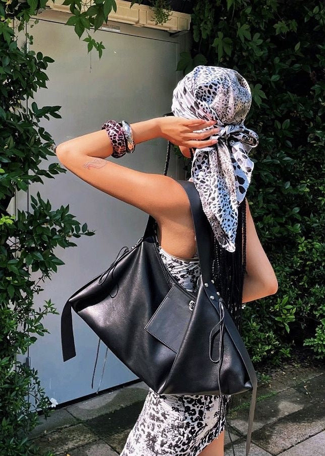 Oversized Black Leather-Look Shoulder Bag with Wide Straps and Tie Details
