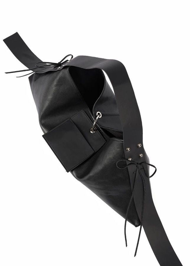 Oversized Black Leather-Look Shoulder Bag with Wide Straps and Tie Details