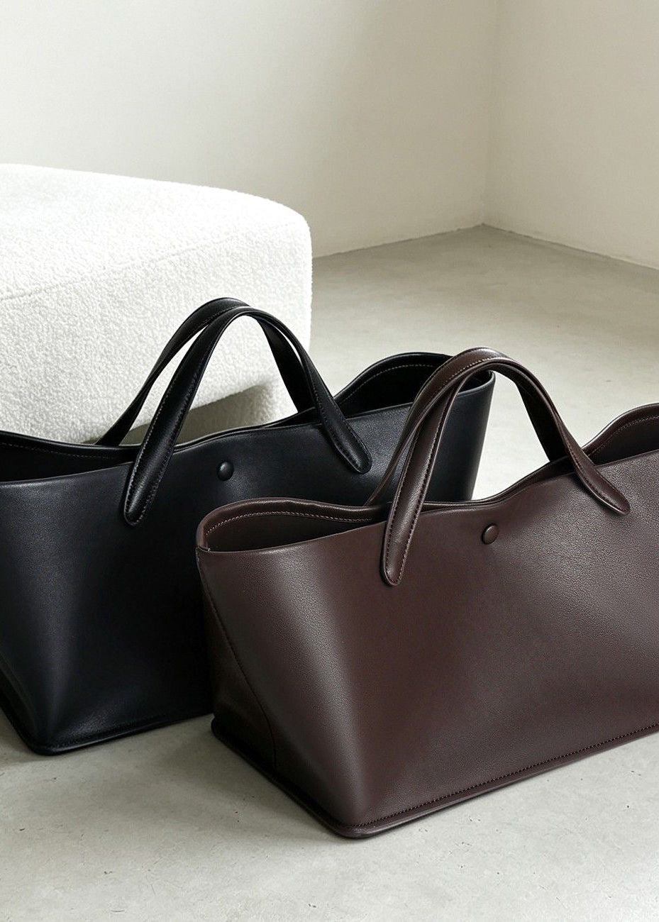 Structured East-West Leather-Look Tote Bag with Double Handles