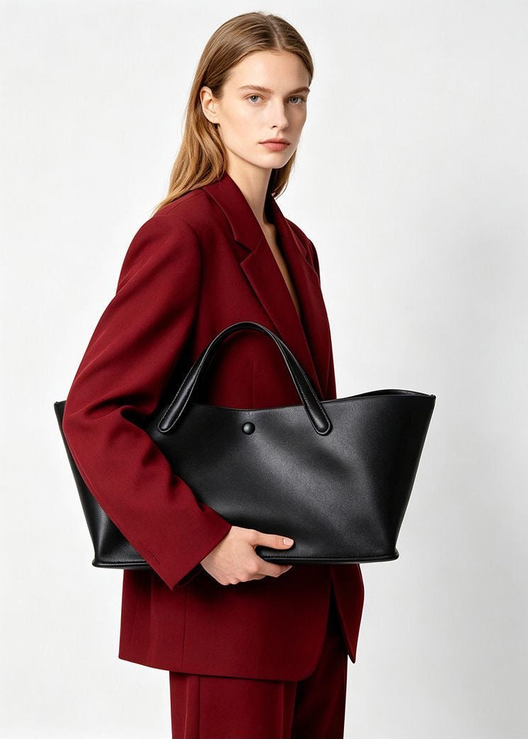 Structured East-West Leather-Look Tote Bag with Double Handles