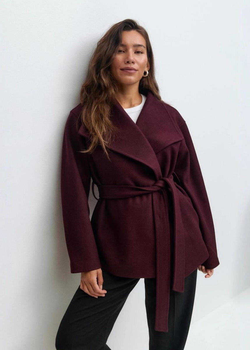 Burgundy Belted Wrap Jacket with Wide Collar