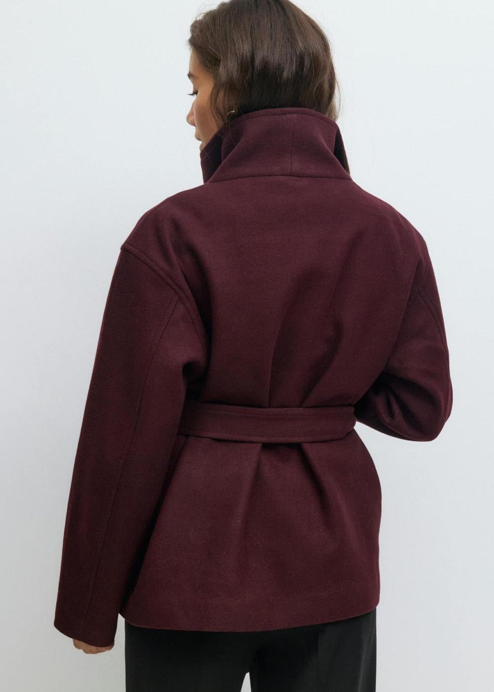 Burgundy Belted Wrap Jacket with Wide Collar