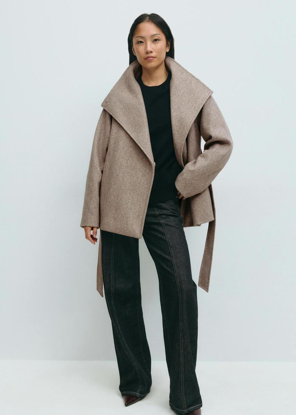 Burgundy Belted Wrap Jacket with Wide Collar