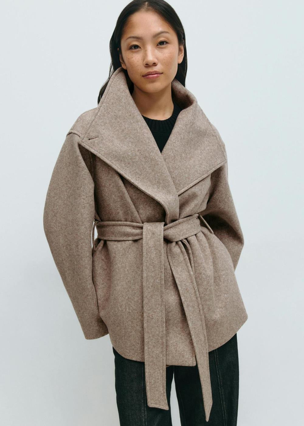 Burgundy Belted Wrap Jacket with Wide Collar