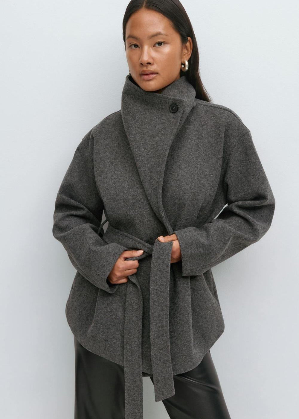 Burgundy Belted Wrap Jacket with Wide Collar