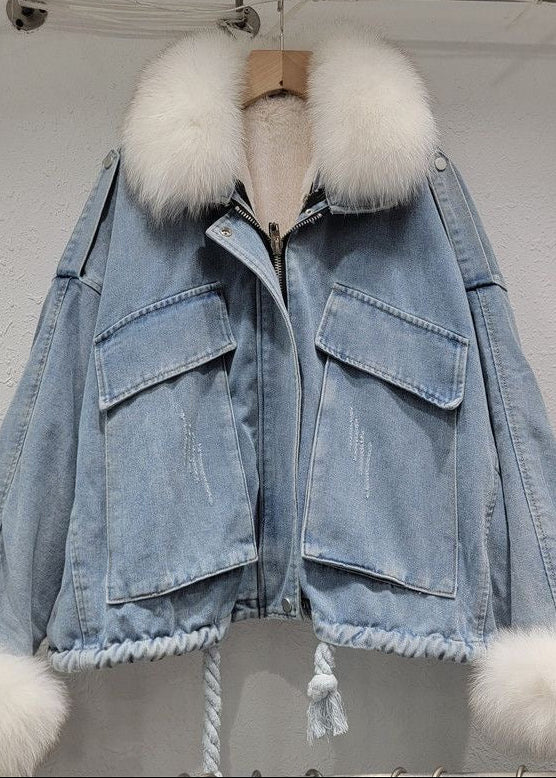 Black Denim Jacket with Gray Fur Collar and Cuffs