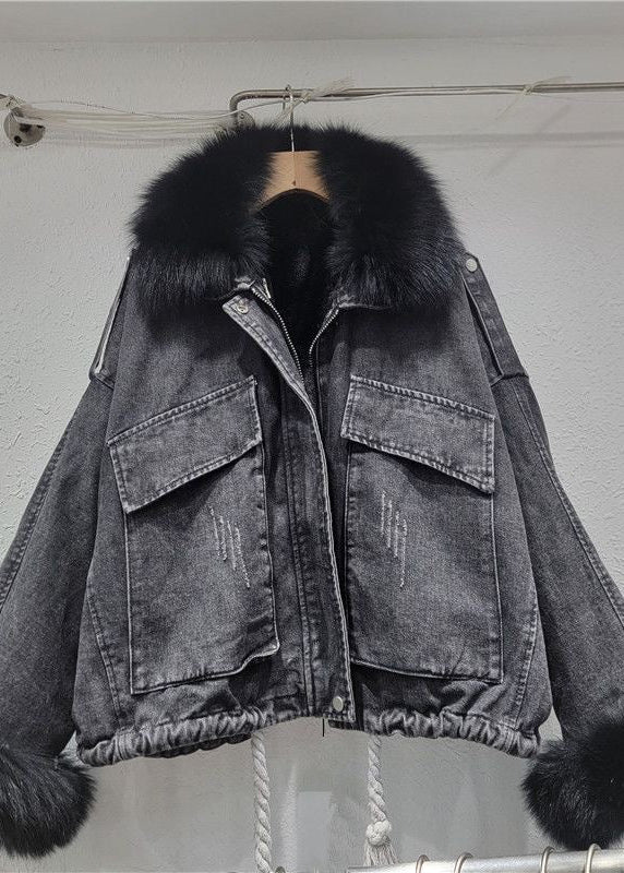 Black Denim Jacket with Gray Fur Collar and Cuffs