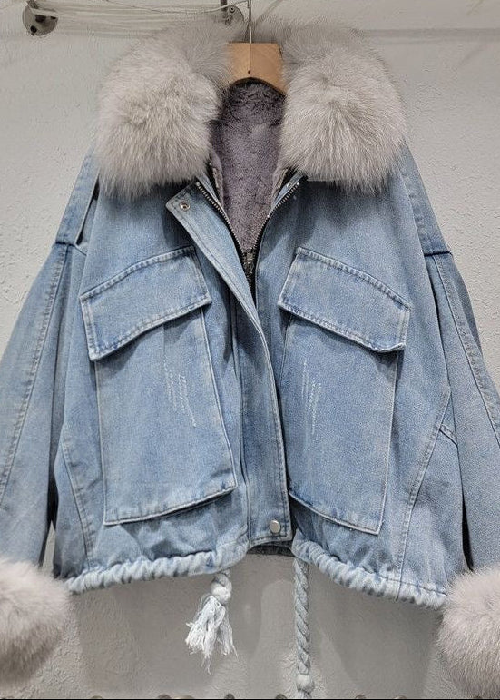 Black Denim Jacket with Gray Fur Collar and Cuffs