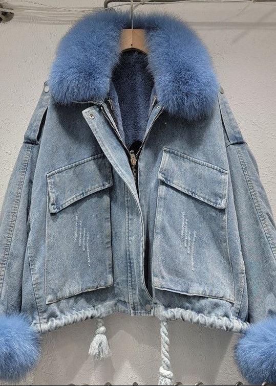 Black Denim Jacket with Gray Fur Collar and Cuffs