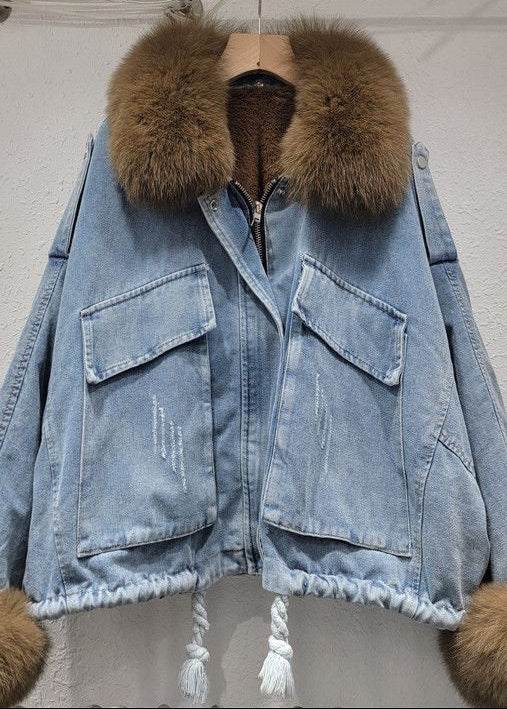 Black Denim Jacket with Gray Fur Collar and Cuffs