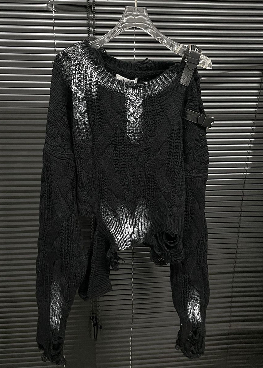 Ivory Distressed Cable-Knit Sweater with Buckle Shoulder Cutout