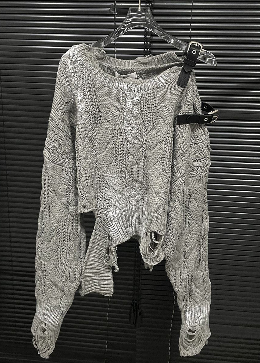 Ivory Distressed Cable-Knit Sweater with Buckle Shoulder Cutout