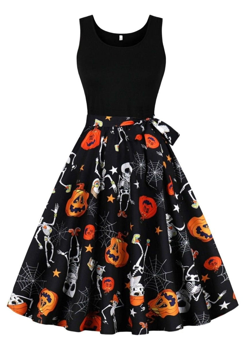 Halloween Skull & Rose Print Midi Dress with Sleeveless Black Bodice