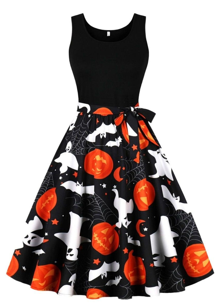 Halloween Skull & Rose Print Midi Dress with Sleeveless Black Bodice