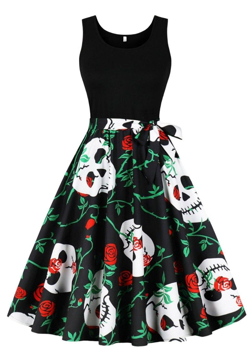 Halloween Skull & Rose Print Midi Dress with Sleeveless Black Bodice