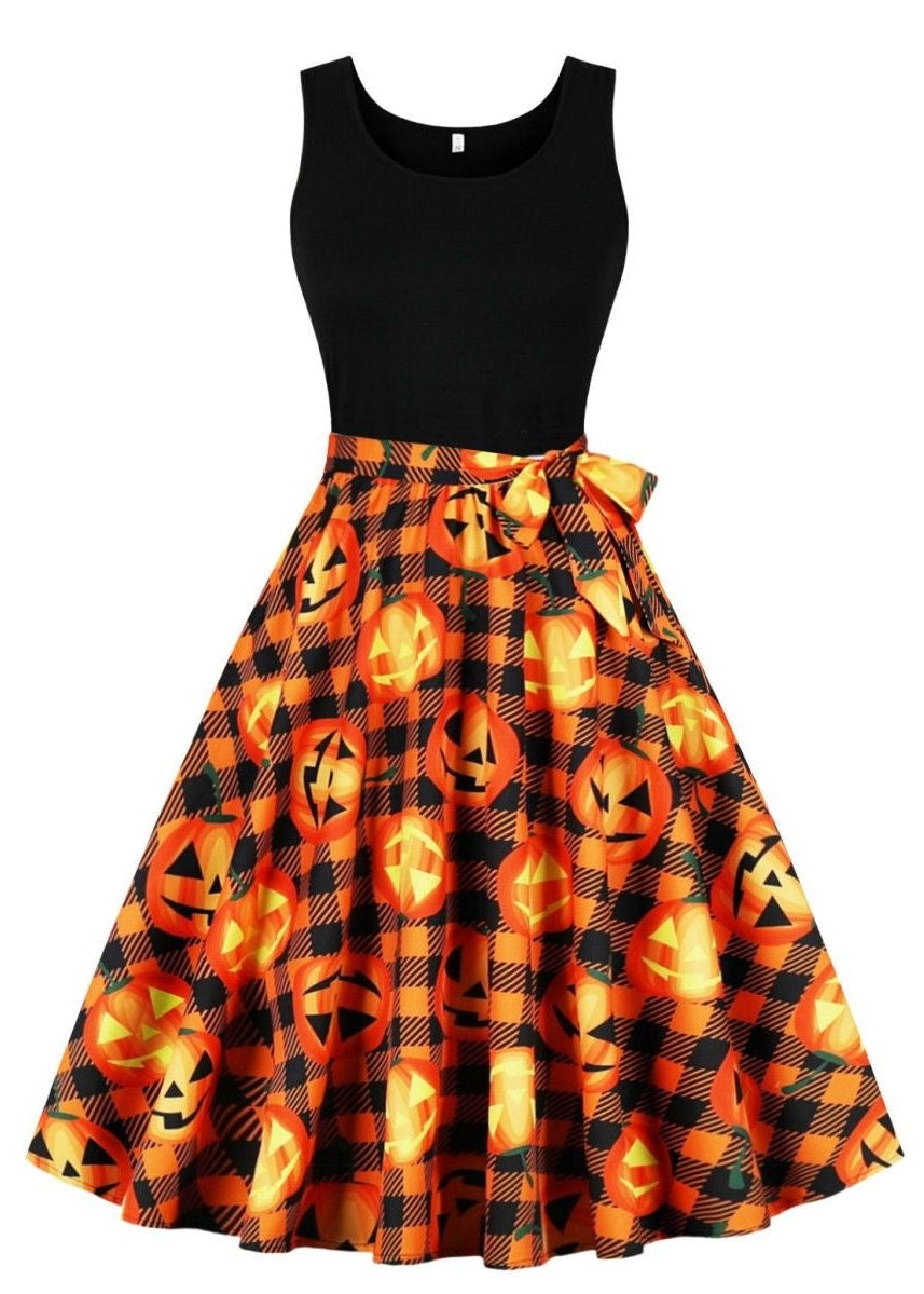 Halloween Skull & Rose Print Midi Dress with Sleeveless Black Bodice