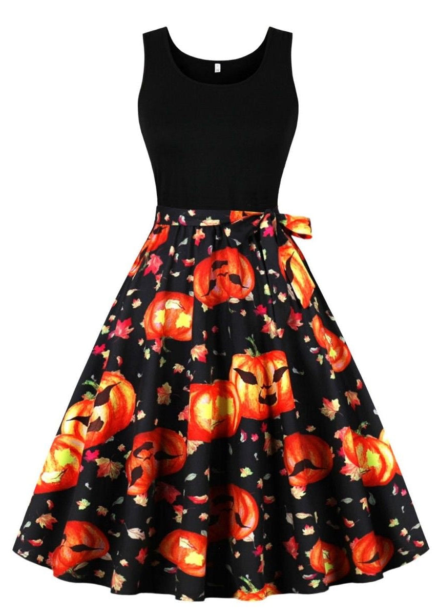 Halloween Skull & Rose Print Midi Dress with Sleeveless Black Bodice