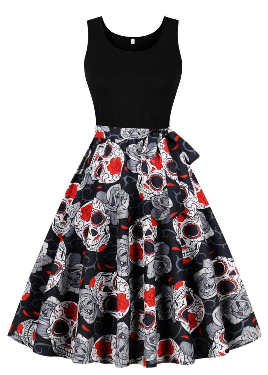 Halloween Skull & Rose Print Midi Dress with Sleeveless Black Bodice
