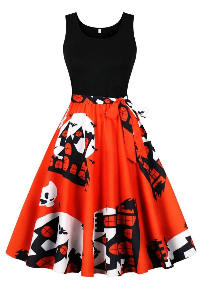 Halloween Skull & Rose Print Midi Dress with Sleeveless Black Bodice