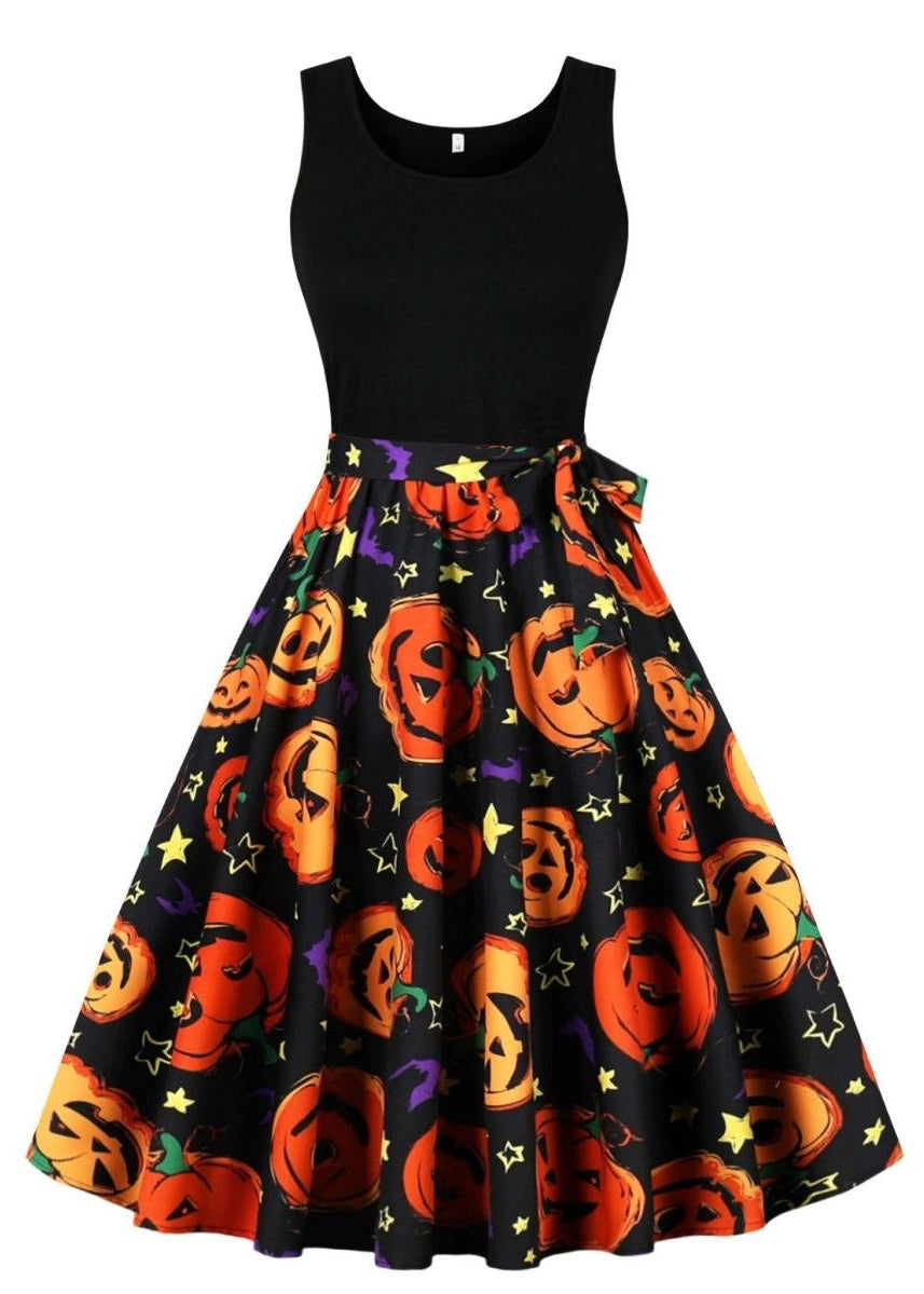 Halloween Skull & Rose Print Midi Dress with Sleeveless Black Bodice