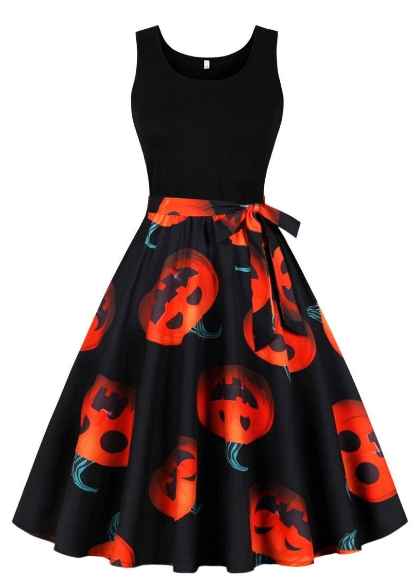 Halloween Skull & Rose Print Midi Dress with Sleeveless Black Bodice
