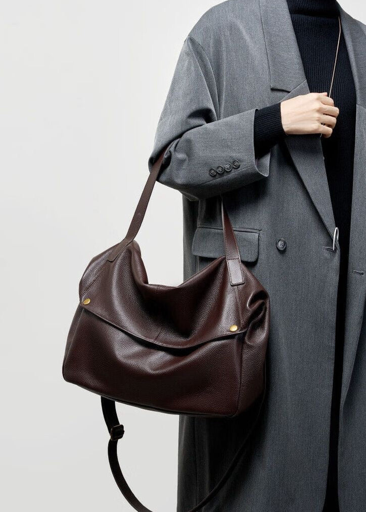 Brown Pebbled Leather Shoulder Bag with Removable Crossbody Strap