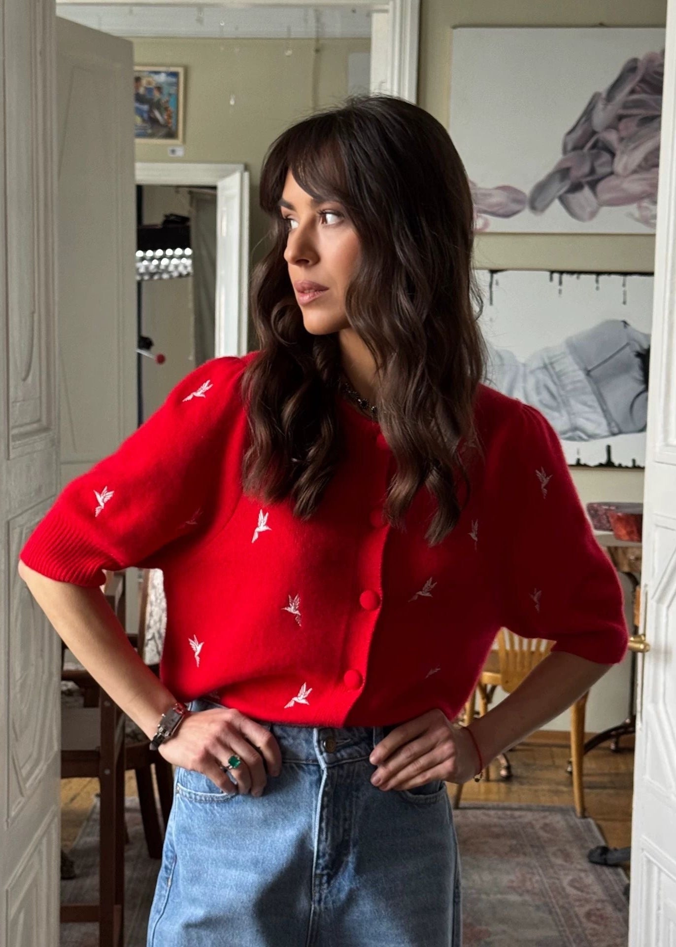 Red Bird Embroidered Short-Sleeve Cardigan with Button Front