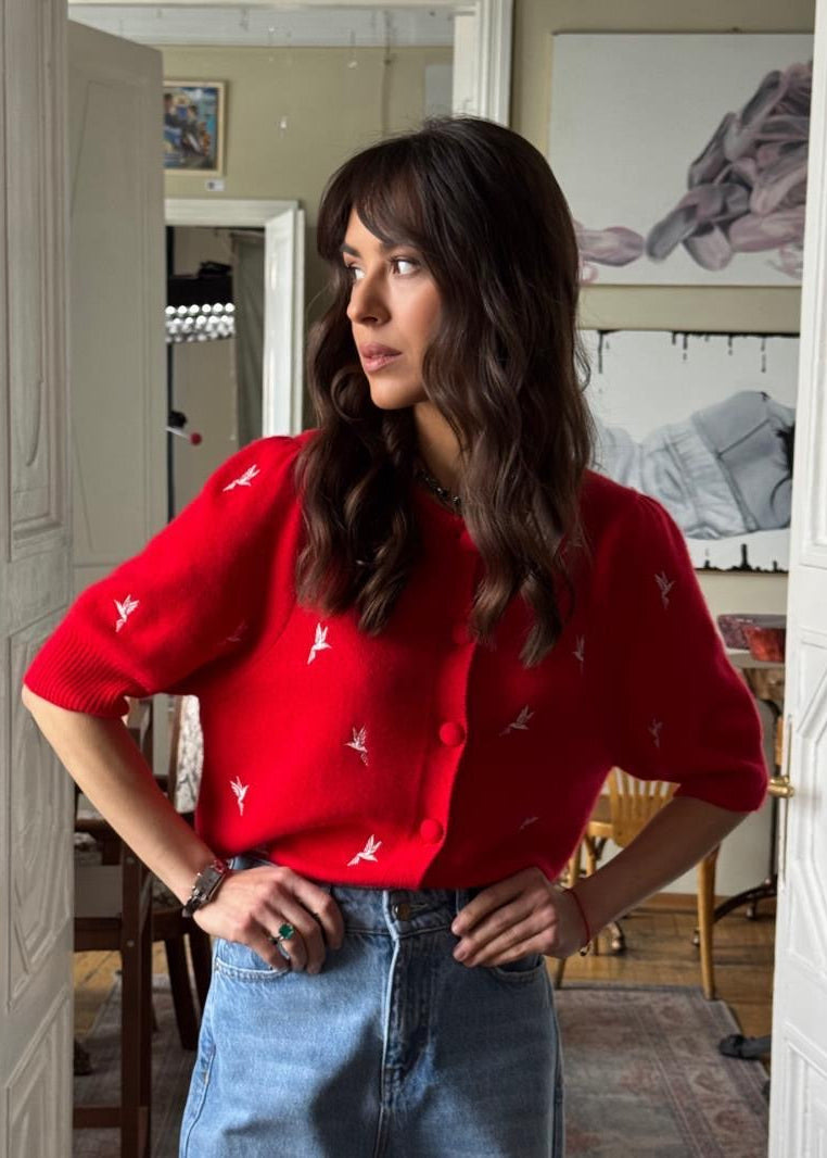 Red Bird Embroidered Short-Sleeve Cardigan with Button Front