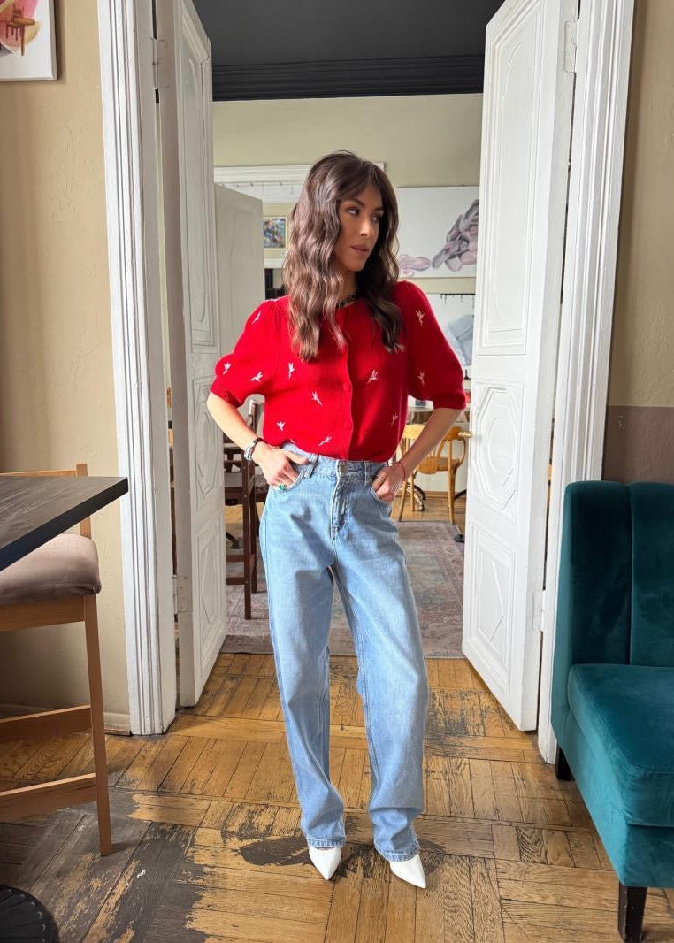 Red Bird Embroidered Short-Sleeve Cardigan with Button Front