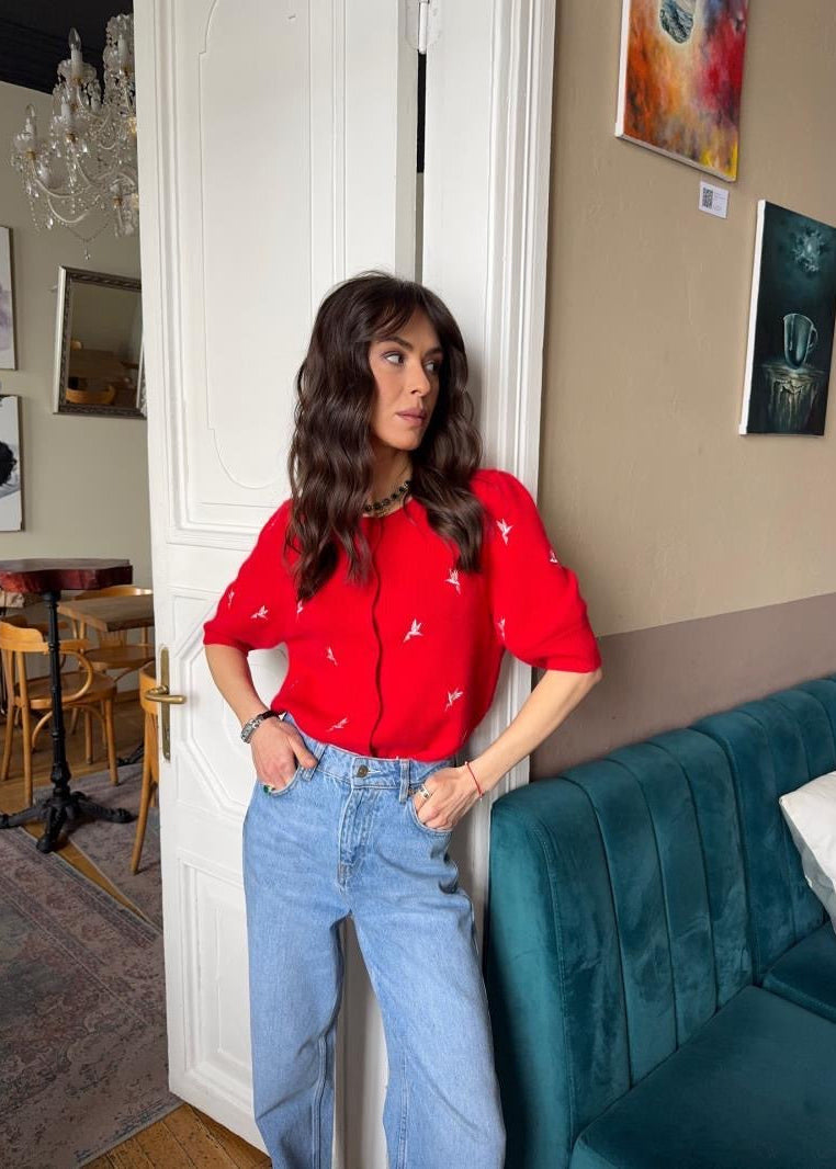 Red Bird Embroidered Short-Sleeve Cardigan with Button Front