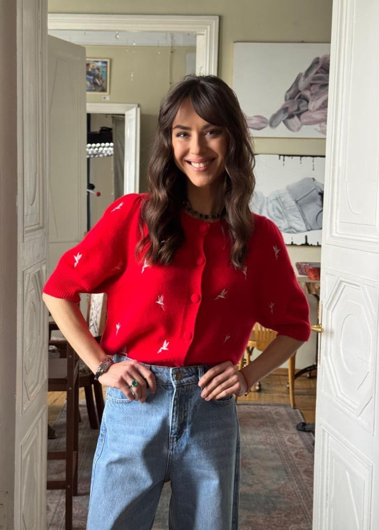 Red Bird Embroidered Short-Sleeve Cardigan with Button Front