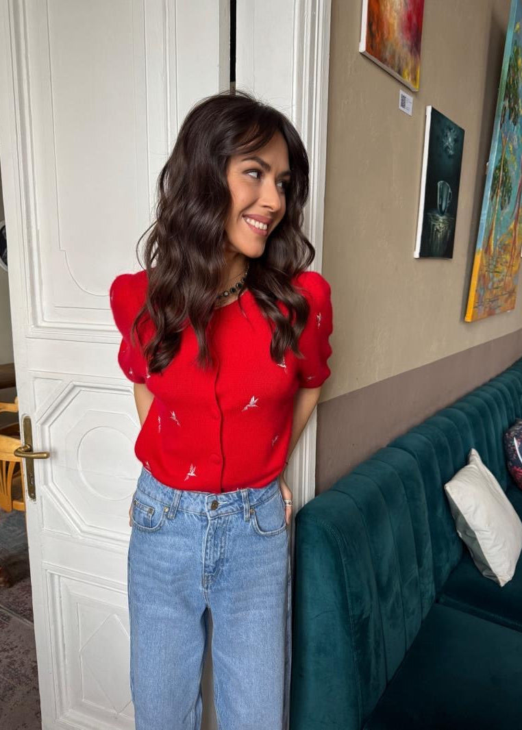 Red Bird Embroidered Short-Sleeve Cardigan with Button Front