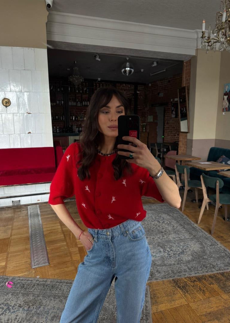 Red Bird Embroidered Short-Sleeve Cardigan with Button Front