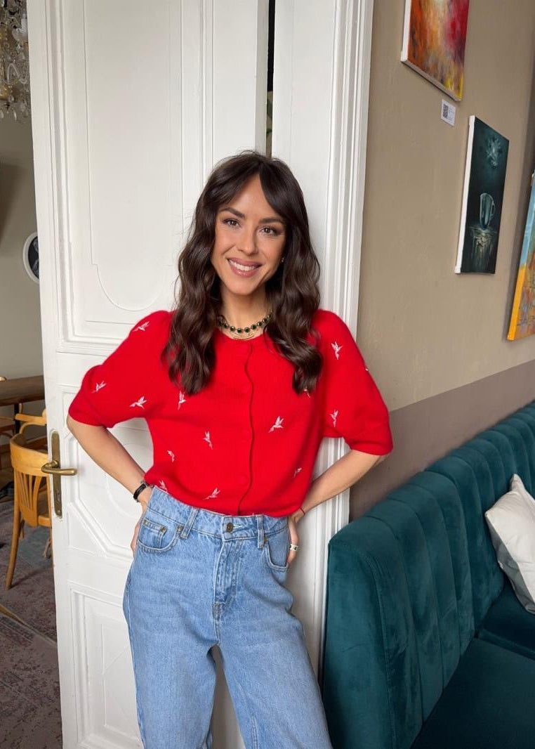 Red Bird Embroidered Short-Sleeve Cardigan with Button Front