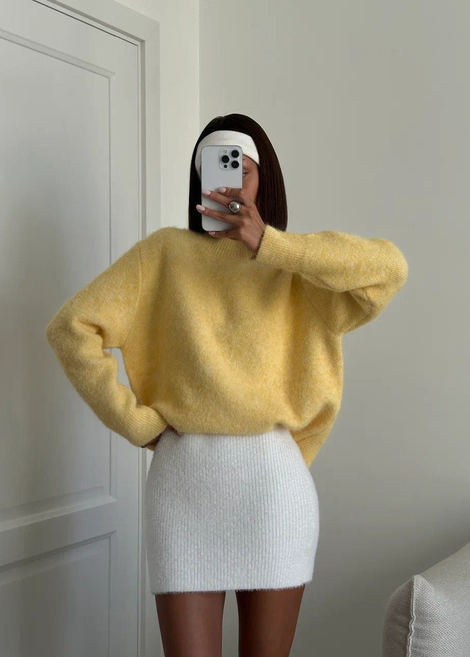 Fuzzy Knit Crew Neck Sweater with Relaxed Fit