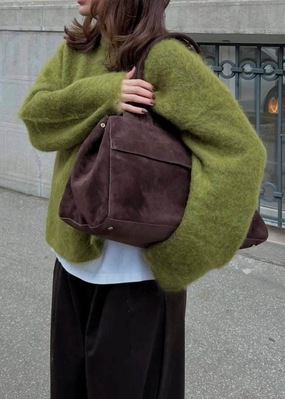 Fuzzy Knit Crew Neck Sweater with Relaxed Fit