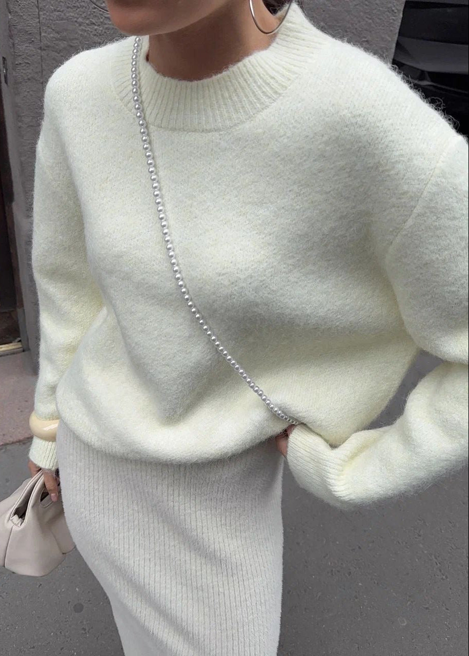 Fuzzy Knit Crew Neck Sweater with Relaxed Fit